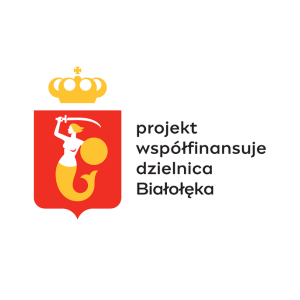 Syrenka Warszawska z mieczem i tarczą na czerwonum tle. Na górze korona. napis: projekt współfinansuje dzielnica Białołęka.