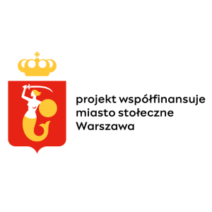 Syrenka Warszawska z mieczem i tarczą na czerwonum tle. Projekt współfinansuje miasto stołeczne Warszawa.