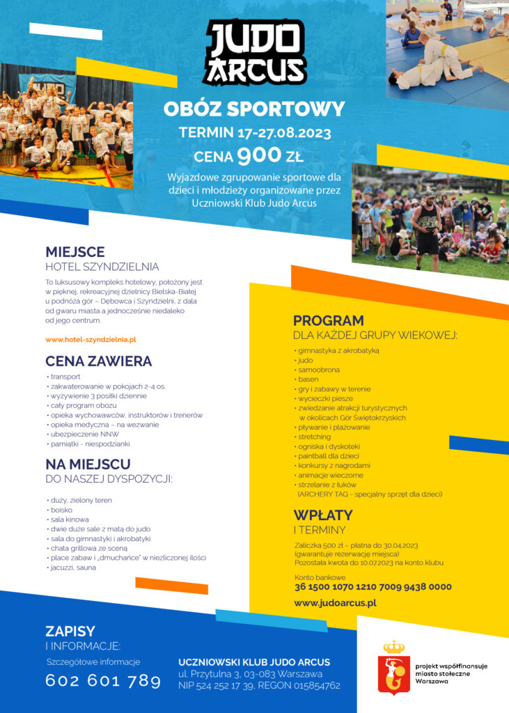 Plakat inforumjący o obozie sportowym 17-27.08.2023 r.