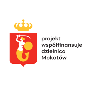 Syrenka Warszawska z mieczem i tarczą na czerwonym tle.  Projekt współfinansuje dzielnica Mokotów.