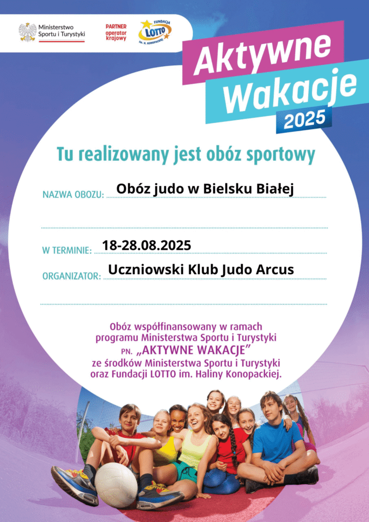 Plakat Aktywne Wakacje 2025 o dofinansowaniu obozu ze środków Fundacji Lottol