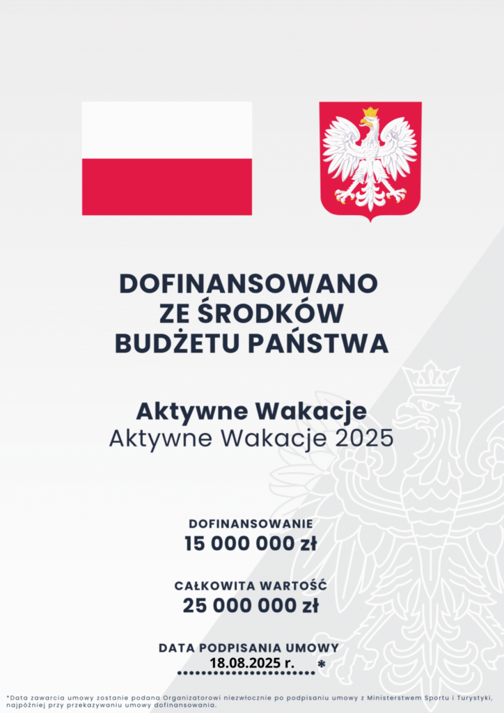 Plakat dofinansowanie Aktywne Wakacje 2025 - o dofinansowaniu 15 000 zł z budżetu państwa.